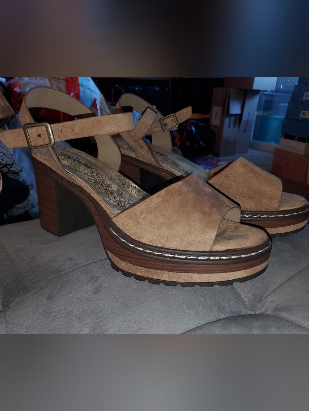 *Brand New* Pierre Dumas ankle strap brown suede + wood platform heels - Size 10